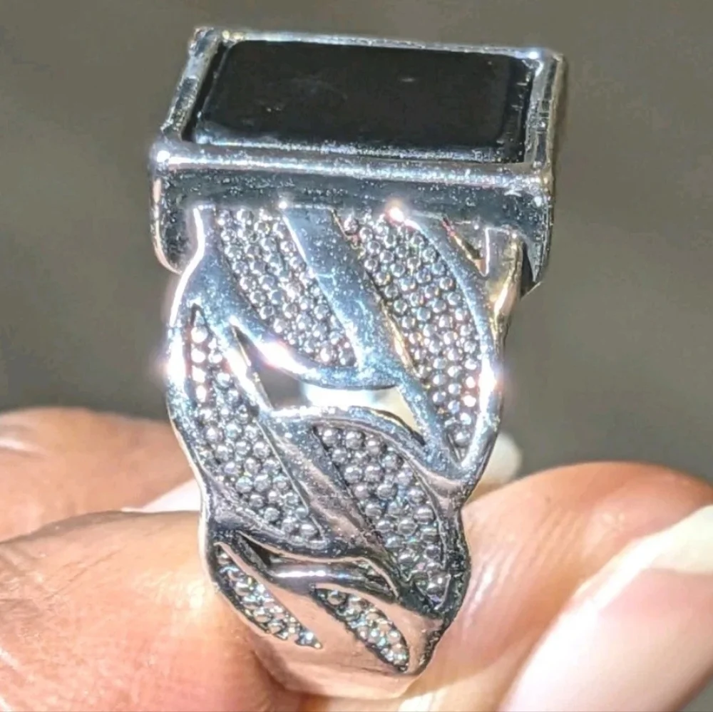 14k White Gold Plate Over Sterling Silver Turkish Gemstone Black Onyx Men's Ring